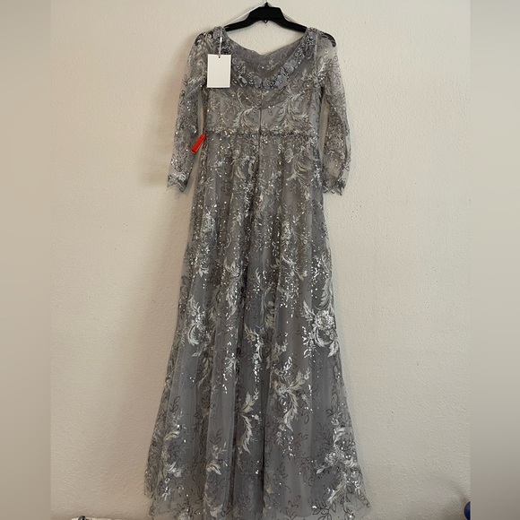 NWT Mac Duggal 67498 Floral Embroidered Illusion Long Sleeve Gown, Sterling - Picture 6 of 6
